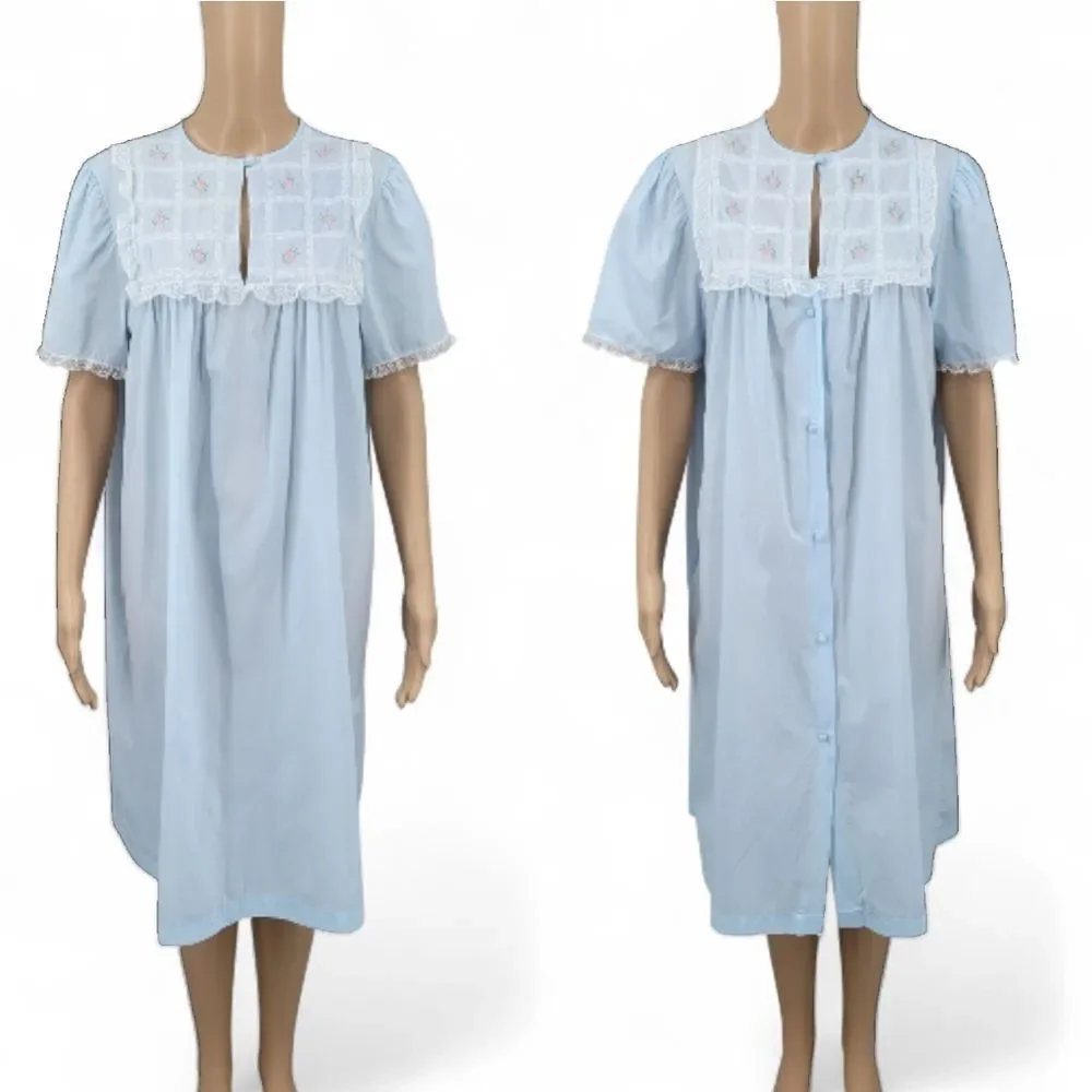 Barbizon Vintage Light Blue Nightgown and Peignoir Robe Set Lace Embroidery